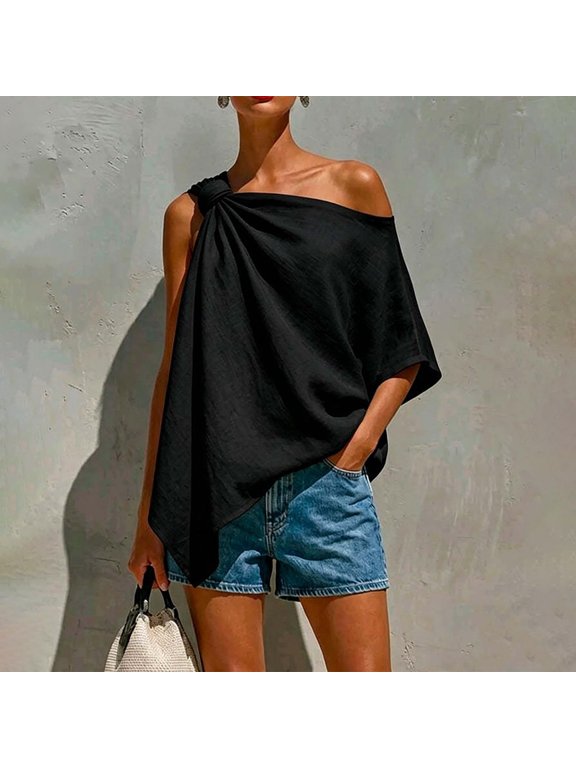 Women's Knot One Shoulder Blouse,Asymmetric Irregular Short Sleeve Loose Off Shoulder Casual Tops for Summer Vacation Date Night Black M