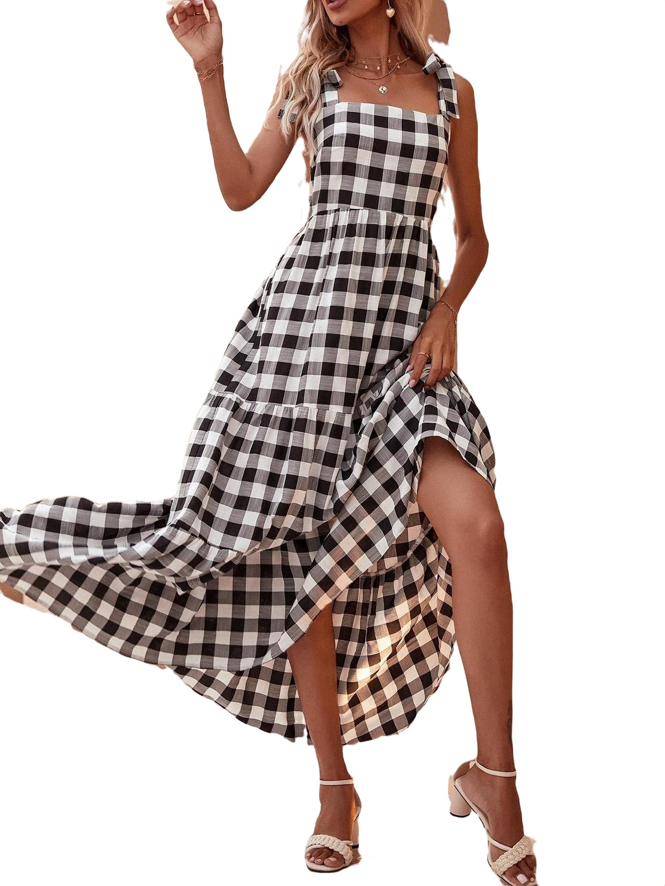 Women's Knot Strap Plaid Cut Out High Waist Gingham Twist Ruffle