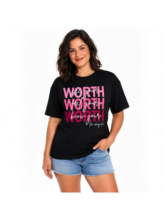 Women's Know Your Worth Graphic T-Shirt, Inspirational Short Sleeve Casual Tee