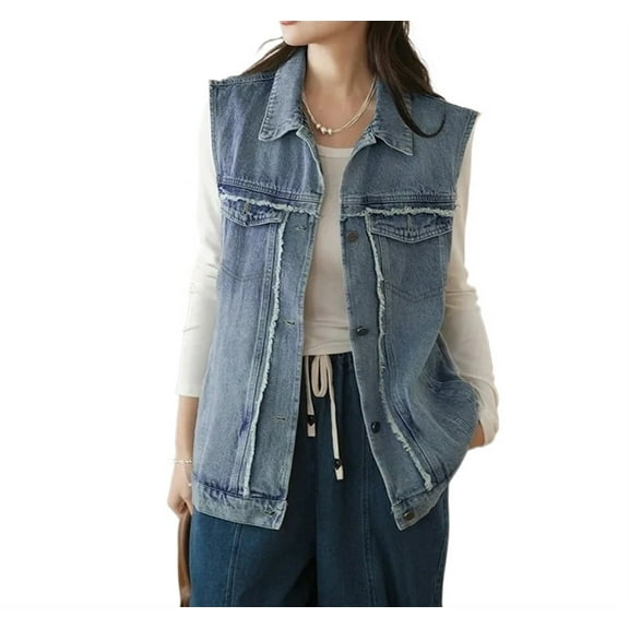 Women's Korean Loose Sleeveless Jackets Blue Layered Cowboy Vest Coats Outerwear Spring Summer Denim Waistcoat
