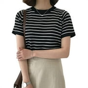 Women's Korean Style Casual O Neck Striped Short Sleeve Slim Knitted T-Shirt