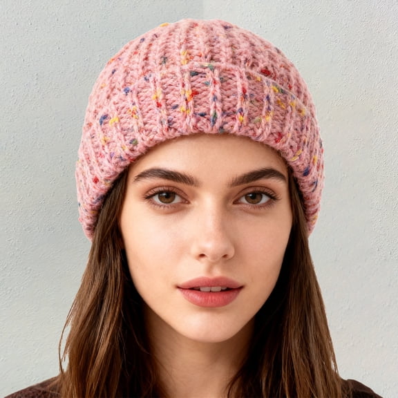 Women's Korean Style Rainbow Beanie, Colorful Bobble Knit Hat with Slouchy Design, Warm Acrylic Winter Hat for Women, Face Slimming Oversized Beanie with Satin Lining - Pink