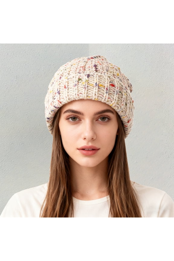 Women's Korean Style Rainbow Beanie, Colorful Bobble Knit Hat with Slouchy Design, Warm Acrylic Winter Hat for Women, Face Slimming Oversized Beanie with Satin Lining - Beige