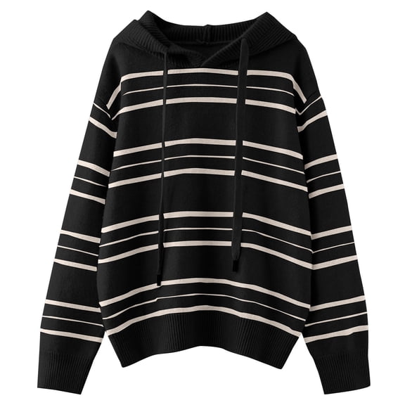 Women's Korean Style Striped Hooded Pullover Sweater, Soft and Cozy Loose Fit Long Sleeve Top with Slimming Design for Casual Lazy Feel, Perfect for Daily Life,Vacation,Work and Winter Wear Black XL