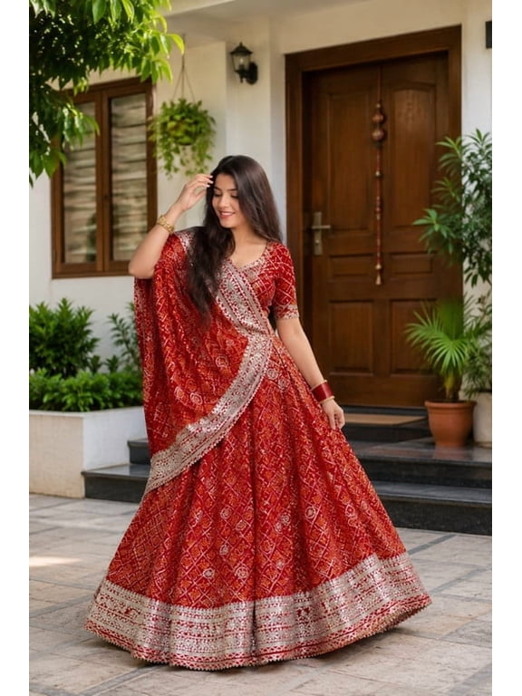 Women’s Kota Doria Cotton Gharchola Lehenga Choli with Gota Patti Work, Stitched Skirt, Unstitched Blouse Piece and Dupatta (Pink)