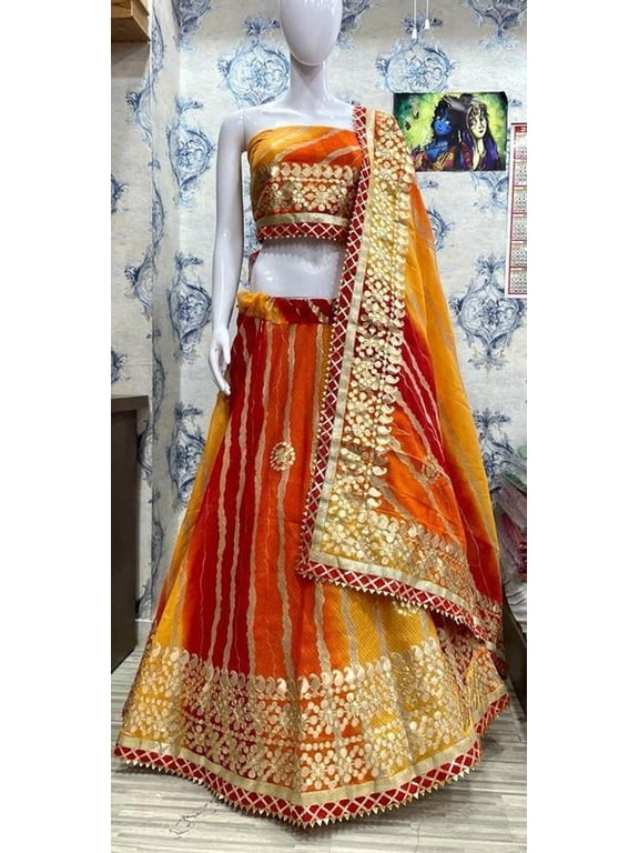 Women’s Kota Doria Cotton Leheriya Lehenga Choli with Gota Patti Work, Stitched Skirt, Unstitched Blouse Piece and Dupatta (Orange)