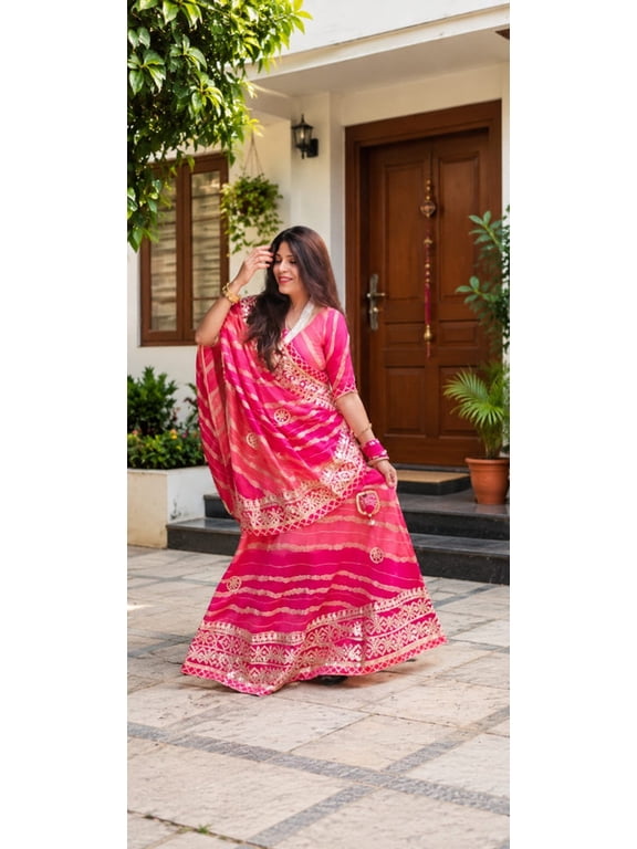 Women’s Kota Doria Cotton Leheriya Lehenga Choli with Gota Patti Work, Stitched Skirt, Unstitched Blouse Piece and Dupatta (Pink)