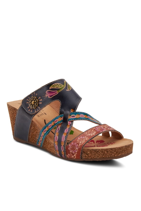 by Spring Step Women's Swan Slide Sandals Hand Painted Leather, Adjustable Straps, Floral Design, Wedge Heel, Hook & Loop, Open Toe