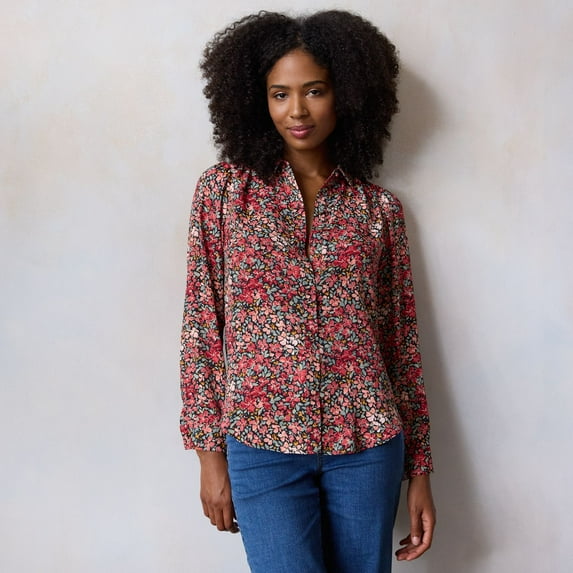 Women's LC Lauren Conrad Button Front Shirt Color: Red Brooke Fleurs Size: LARGE