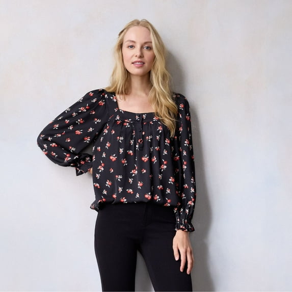 Women's LC Lauren Conrad Henley Puff Sleeve Peasant Top Color: Black Whispy Ditzy Size: LARGE