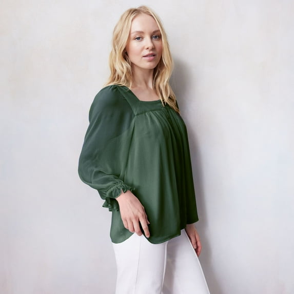 Women's LC Lauren Conrad Henley Puff Sleeve Peasant Top Color: Garland Pine Size: MEDIUM