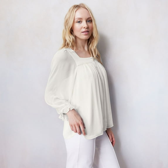 Women's LC Lauren Conrad Henley Puff Sleeve Peasant Top Color: Ivory Tusk Size: XX LARGE