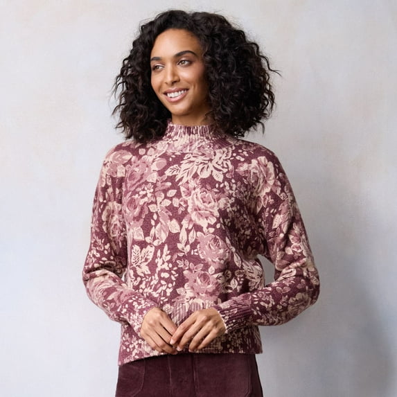 Women's LC Lauren Conrad Mockneck Pullover Sweater Color: Wine Kayla Roses Size: LARGE