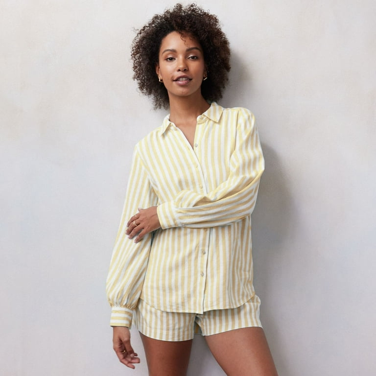 Women s LC Lauren Conrad Oversized Volume Sleeve Linen Blend Button Down Shirt Color Yellow Tulare Stripe Size SMALL Walmart