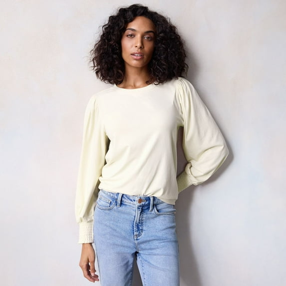 Women's LC Lauren Conrad Smocked Cuff Top Color: Ivory Tusk Size: X SMALL