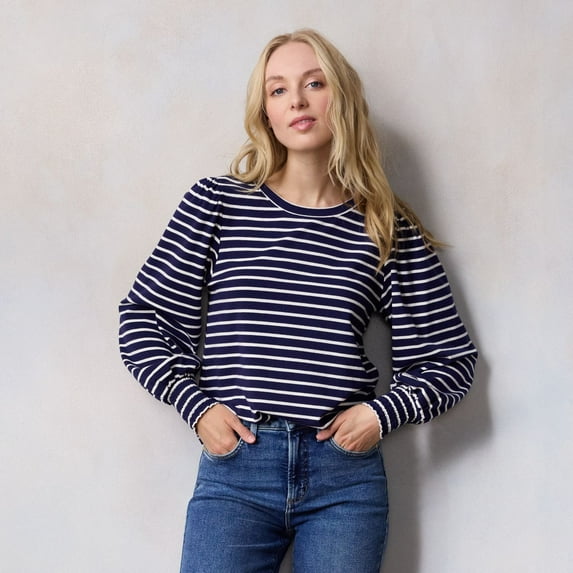 Women's LC Lauren Conrad Smocked Cuff Top Color: Navy Basque Stripe Size: X LARGE