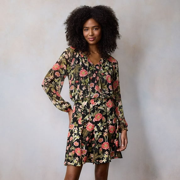 Women's LC Lauren Conrad Tie-Front Peasant Top Color: Black Bryn Botanical Size: SMALL