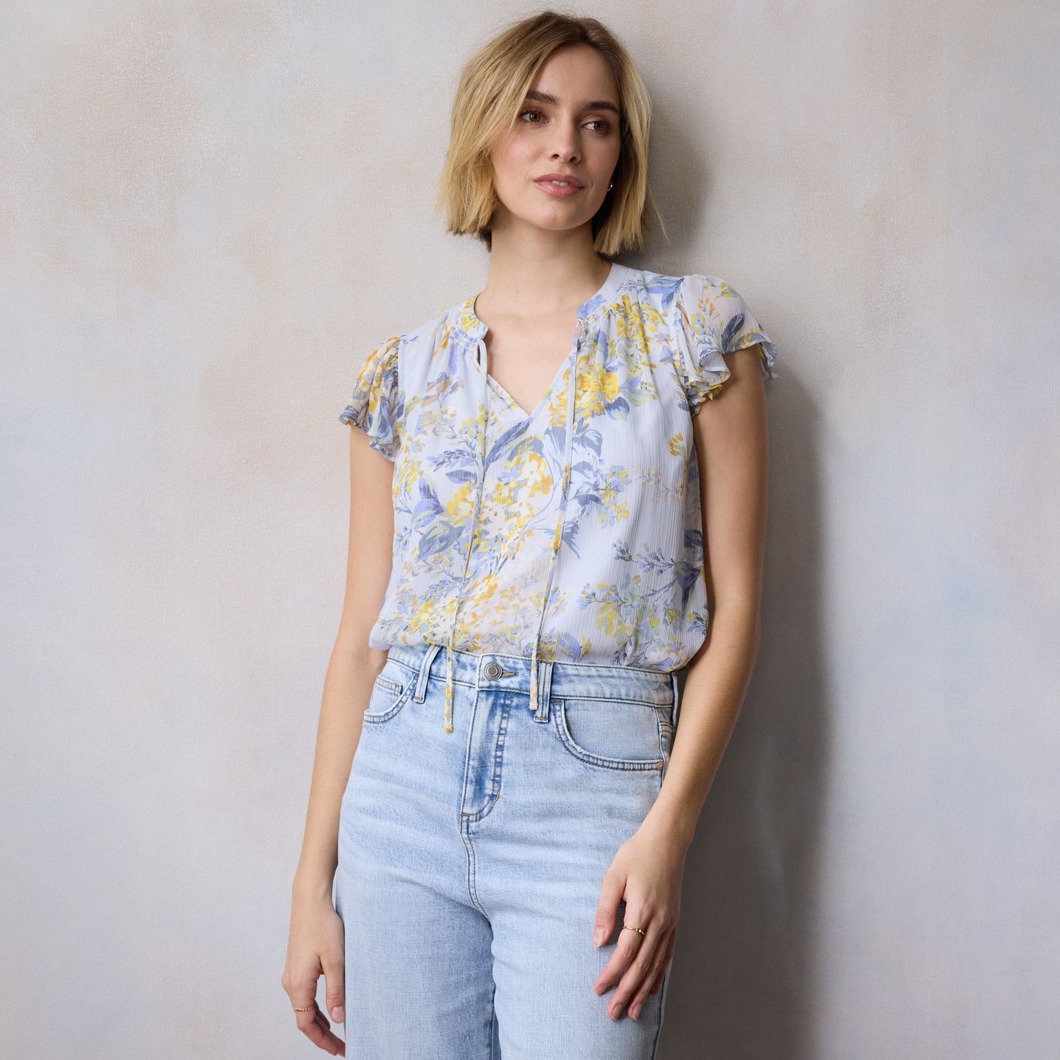 Women's LC Lauren Conrad Tie Front Ruffled V-Neck Shell Color: Blue  Florabelles Size: SMALL - Walmart.com, image size:1500x1500