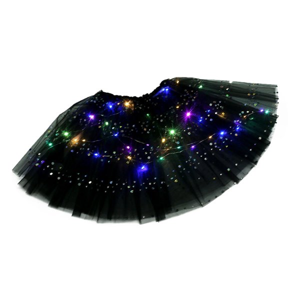 Women's LED Sequin Tutu Skirt, Light Up Glitter Dot Design Puffy Mesh Party Skirt for Raves, Festivals, and Night Events, Sparkly and Illuminated Adult Performance Skirt Black