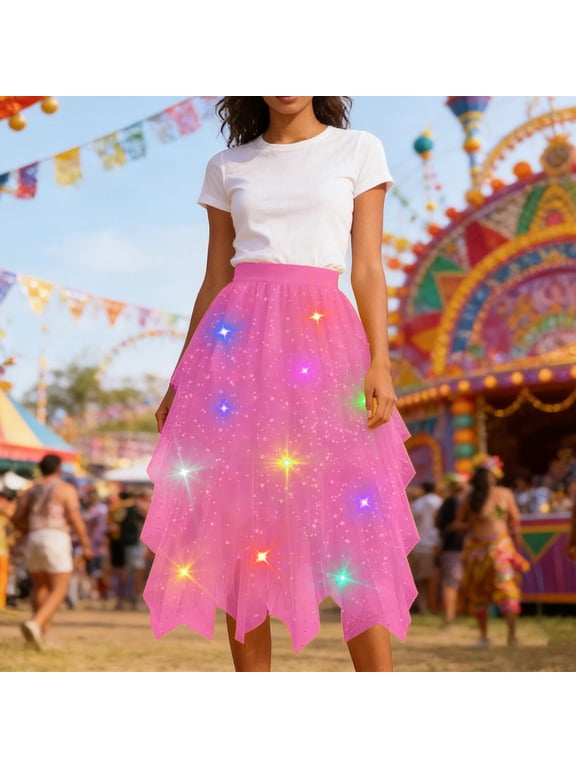 Women's LED Tutu Skirt Light Up Tutus Sparklly Skirts Layered Midi Tulle Ballet Dance Skirt Color Hot Pink Size XL