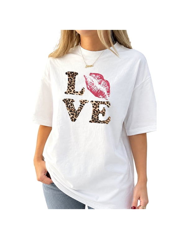 Women's LOVE Graphic T-Shirt, Short Sleeve Crew Neck Casual Tee, White