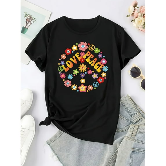 Women's "LOVE" Peace Sign Floral Print Wreath Graphic T-Shirt - Casual Black Short Sleeve Top with Colorful Design, Breathable Polyester Blend, Perfect for Spring & Summer
