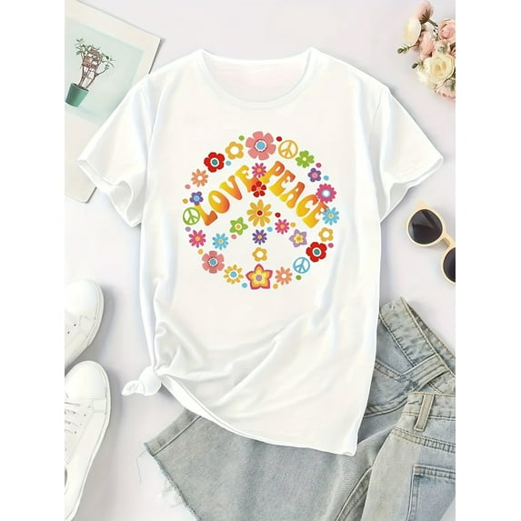 Women's "LOVE" Peace Sign Floral Print Wreath Graphic T-Shirt - Casual Black Short Sleeve Top with Colorful Design, Breathable Polyester Blend, Perfect for Spring & Summer
