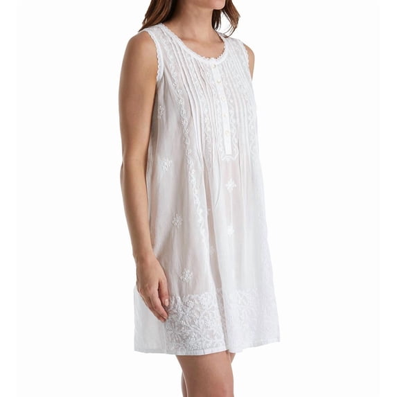 Women's La Cera 1104C 100% Cotton Woven Sleeveless Embroidered Gown (White S)