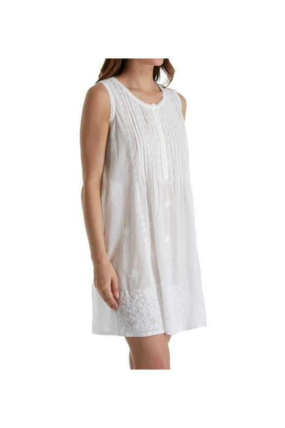 Women's La Cera 1104C 100% Cotton Woven Sleeveless Embroidered Gown (White XL)