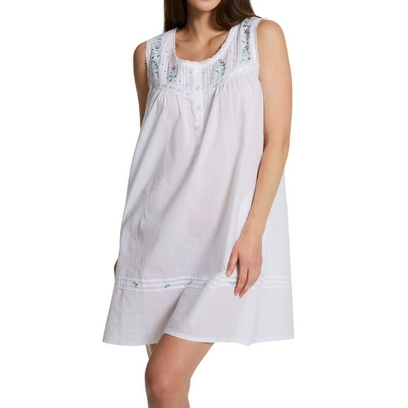 Women's La Cera 1163C 100% Cotton Woven White Embroidered Short Gown (White M)