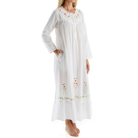 Women's La Cera 1181A 100% Cotton Woven Long Sleeve Long Gown (White L)