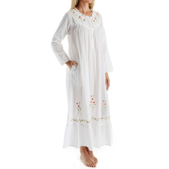 Women's La Cera 1181A 100% Cotton Woven Long Sleeve Long Gown (White XL)