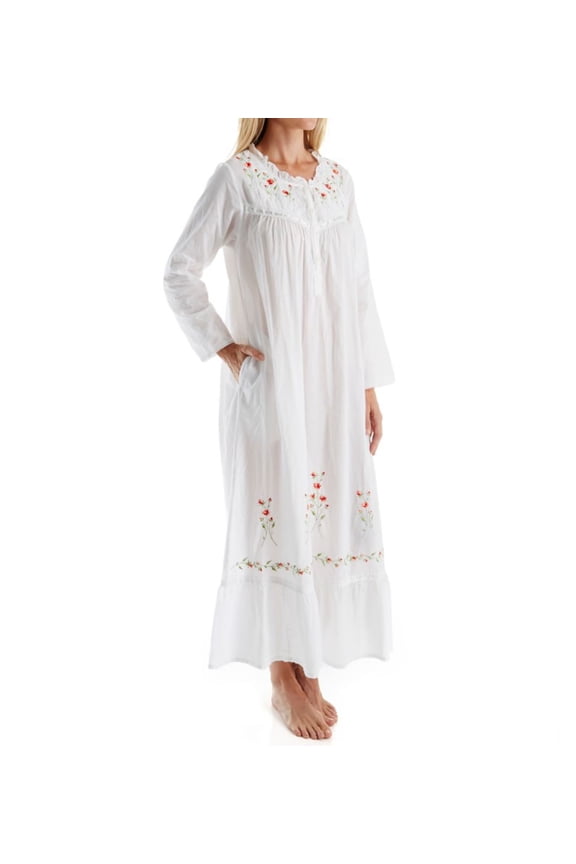 Women's La Cera 1181A 100% Cotton Woven Long Sleeve Long Gown (White XL)