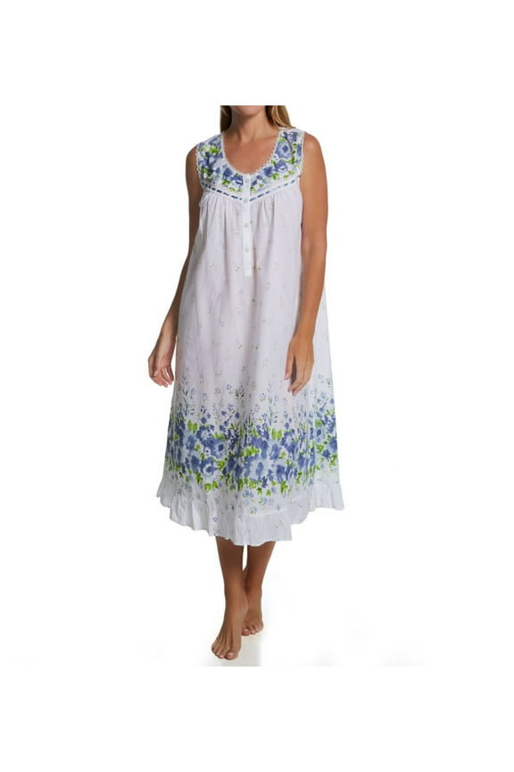 Women's La Cera 1209G 100% Cotton Woven Sleeveless Border Print Gown (Blue L)