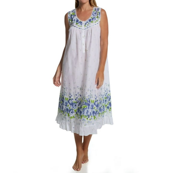 Women's La Cera 1209G 100% Cotton Woven Sleeveless Border Print Gown (Blue L)