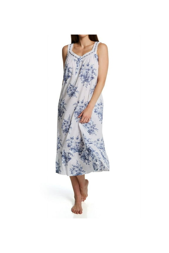 Women's La Cera 1211G 100% Cotton Woven Sleeveless Floral Lace Yoke Gown (White/Blue XL)