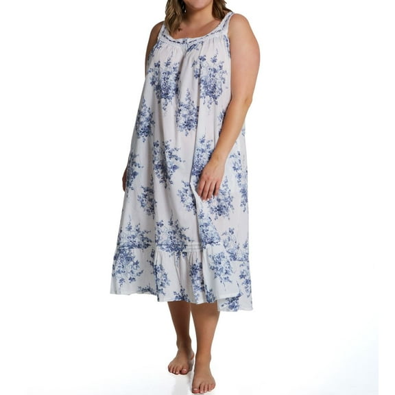 Women's La Cera 1211GX Plus 100% Cotton Woven S/L Floral Lace Yoke Gown (White/Blue 2X)