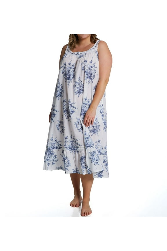 Women's La Cera 1211GX Plus 100% Cotton Woven S/L Floral Lace Yoke Gown (White/Blue 2X)