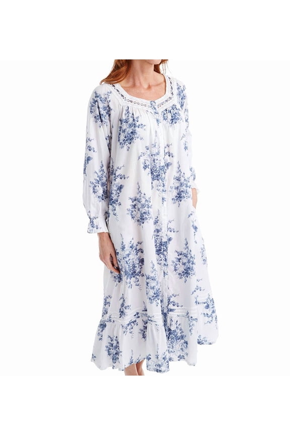 Women's La Cera 1211R 100% Cotton Woven Printed Floral Button Front Robe (White/Blue L)