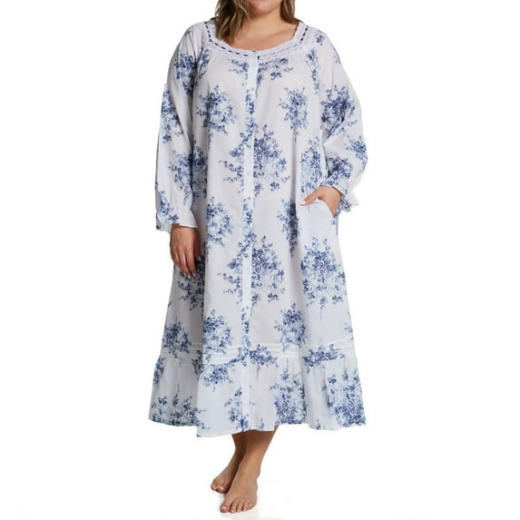 Women's La Cera 1211RX Plus 100% Cotton Woven Floral Button Front Robe (White/Blue 3X)