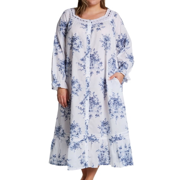 Women's La Cera 1211RX Plus 100% Cotton Woven Floral Button Front Robe (White/Blue 3X)