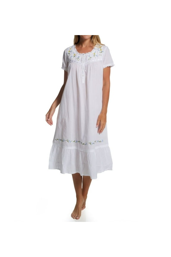 Women's La Cera 1282G 100% Cotton Woven Short Sleeve Gown with Pockets (White M)