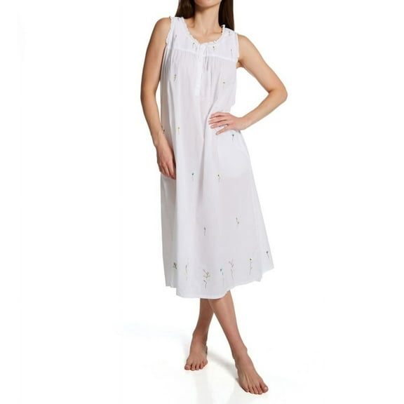 Women's La Cera 1286G 100% Cotton Woven Sleeveless Long Nightgown (White S)