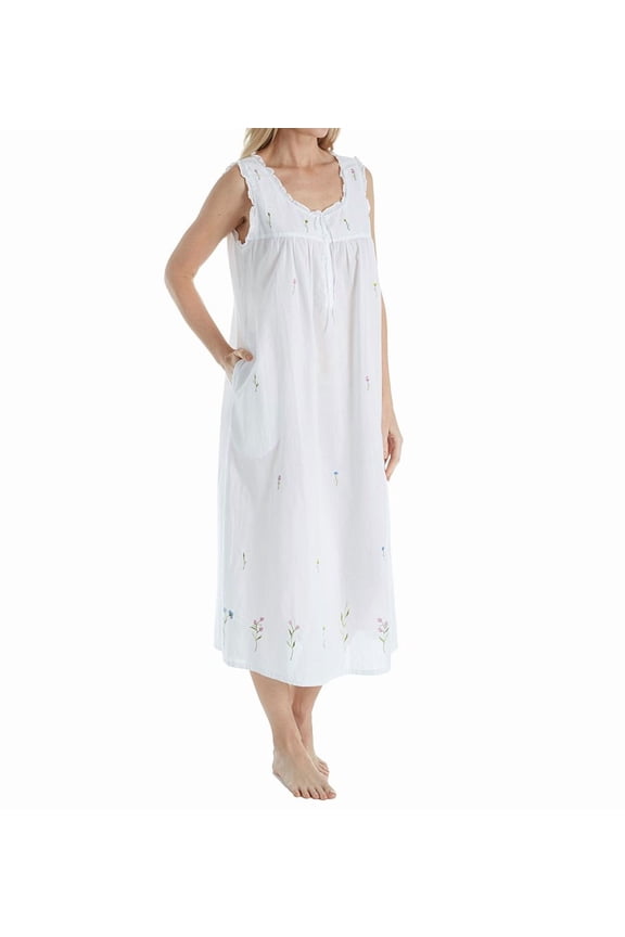 Women's La Cera 1286G 100% Cotton Woven Sleeveless Long Nightgown (White S)