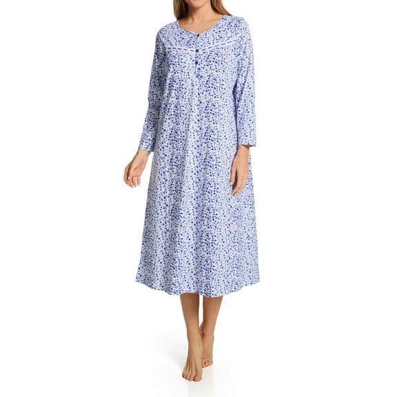 Women's La Cera 1530 Cotton Knit Long Sleeve Nightgown (Blue/White Floral L)