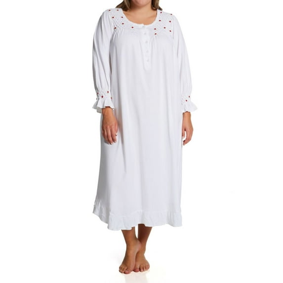 Women's La Cera 1538X Plus 100% Cotton Knit Red Rose Long Sleeve Gown (White 1X)