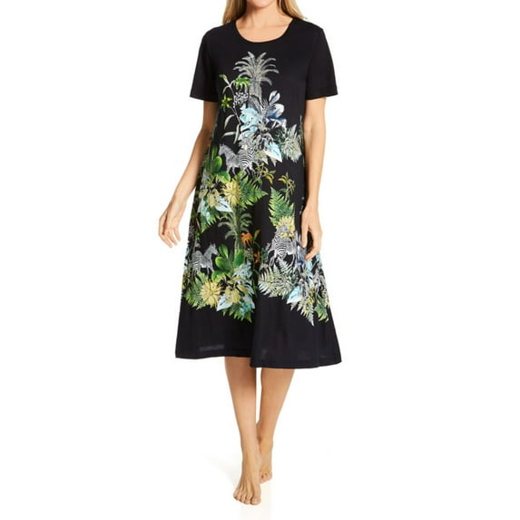 Women's La Cera 2523 100% Cotton Knit Short Sleeve Lounge Dress (Black XL)