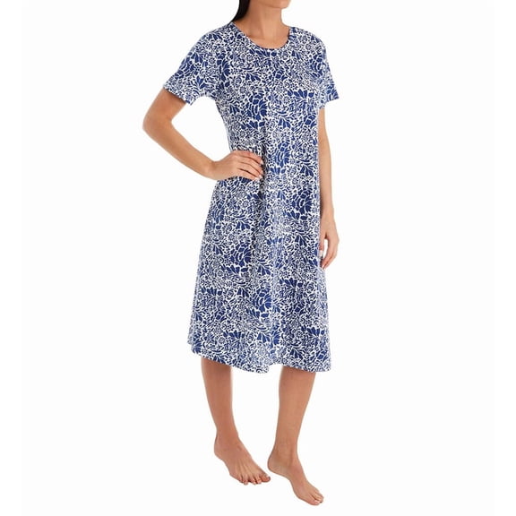 Women's La Cera 2523 100% Cotton Knit Short Sleeve Lounge Dress (White/Blue M)