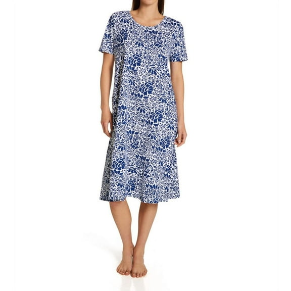 Women's La Cera 2523 100% Cotton Knit Short Sleeve Lounge Dress (White/Blue S)