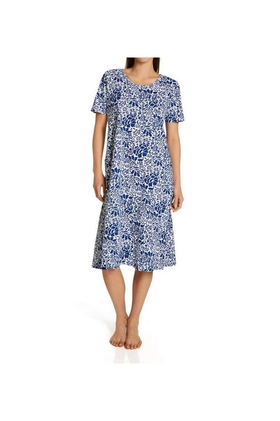Women's La Cera 2523 100% Cotton Knit Short Sleeve Lounge Dress (White/Blue S)